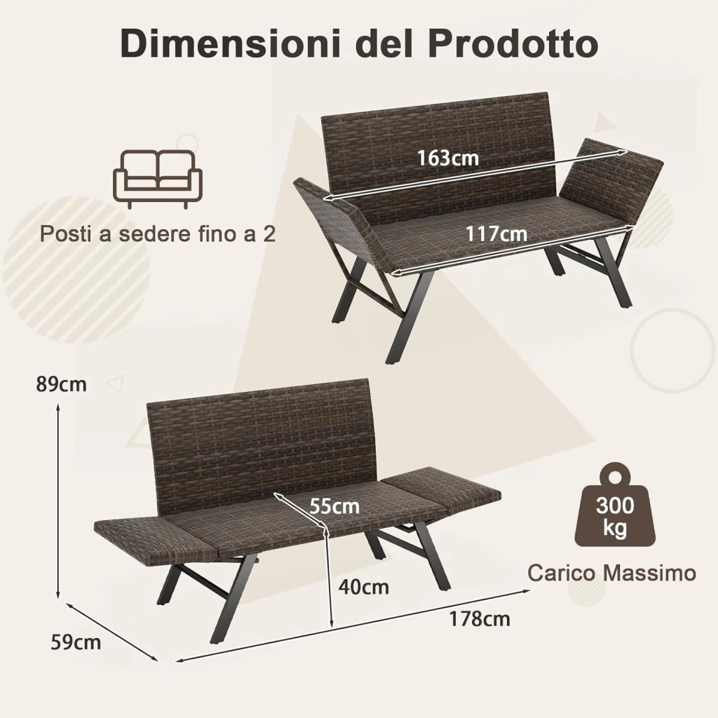Divano Letto 2 Posti da Esterno in Rattan, Poltrona con Imbottitura in Schiuma e Braccioli Regolabili, Divano con Struttura Metallica per Cortile, Piscina, Portata 300 kg