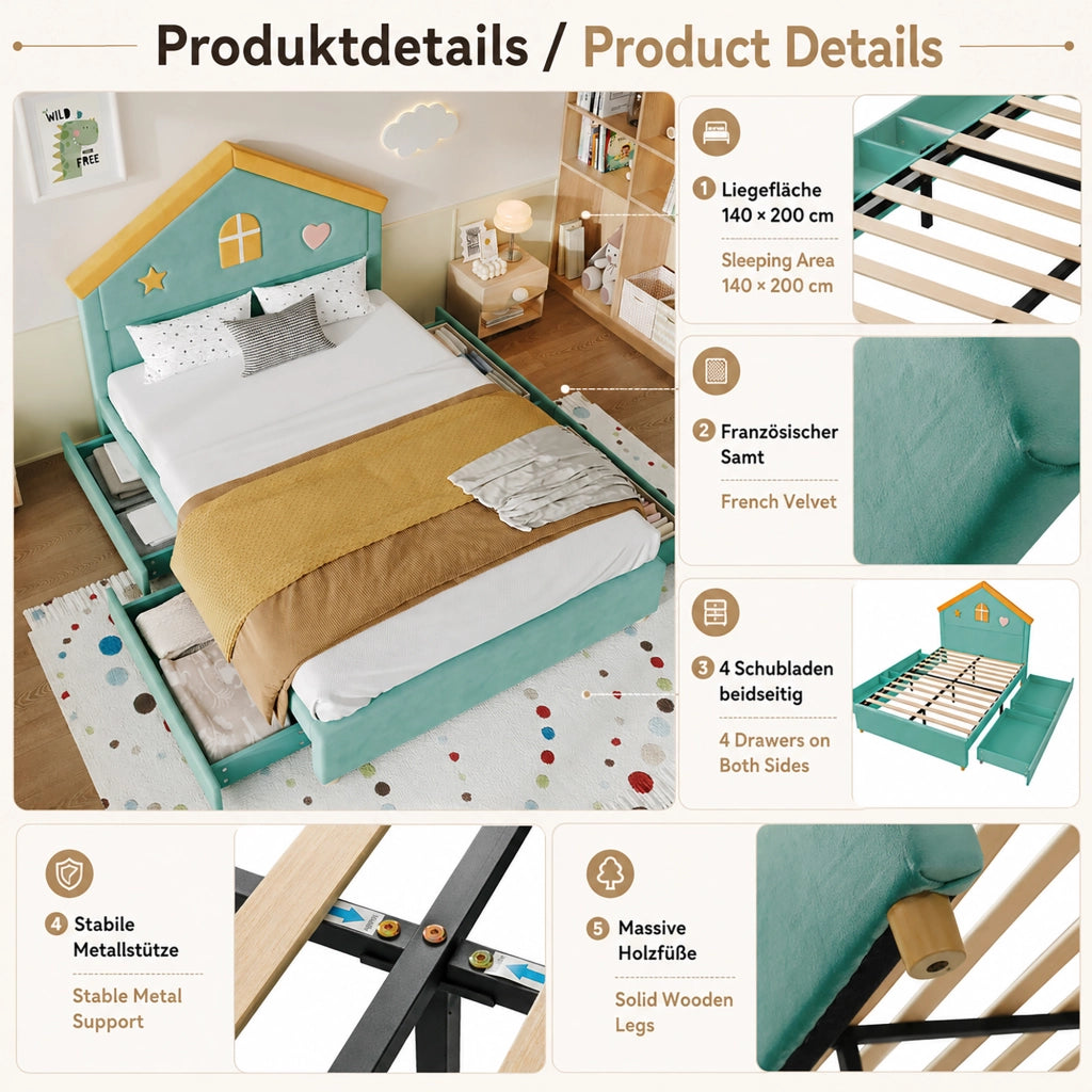 Letto per bambini a casetta 140 × 200 cm con 4 cassetti, senza materasso, in velluto, bluverde