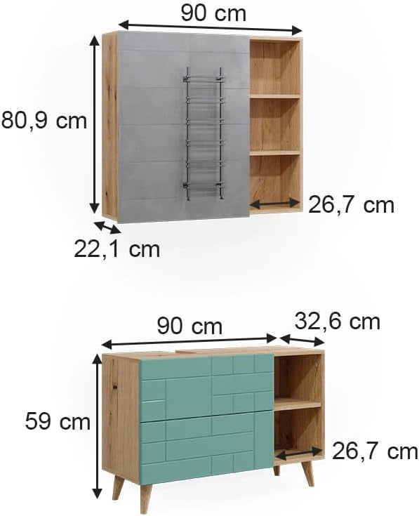 Set di mobili da bagno Rudi, Verde menta, 90 cm, composto da specchio da bagno e mobile sottolavabo
