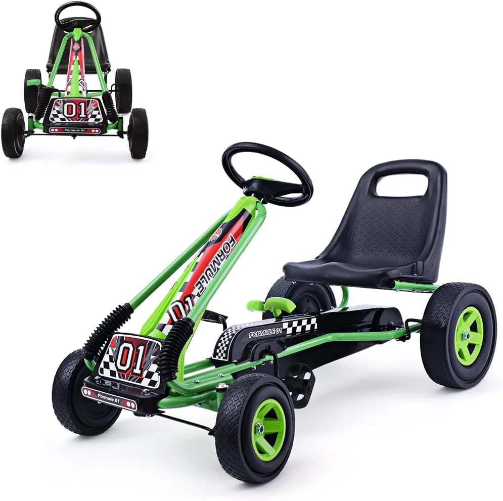 Go Kart a Pedali per Bambini, Macchina per Bambini con Sedili Regolabili in 2 Posizioni e 4 Ruote Antisdrucciolo, Carico 30 kg, per 3 Anni + (Verde, 101 X 61 X 62 CM)