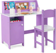 Set Scrivania e Sedia per Bambini per Studio e Lettura, Viola | Banco Scuola con Sedia Ergonomica, Lavagna Bianca, Pennarello, Armadietto e Bacheca, Postazione Computer per Cameretta Studio