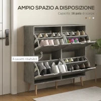 Mobile Scarpiera con 4 Cassetti Ribaltabili a 2 Livelli per 16 Paia, in Legno, 95x26x95 cm, Grigio