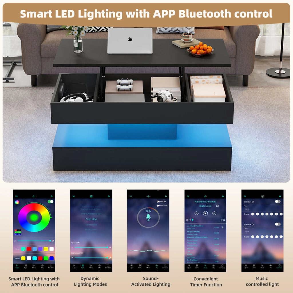 Tavolino da caffè con piano alzabile; vano contenitore e LED - per soggiorno - in pannello truciolare - 100×50×42 cm - nero