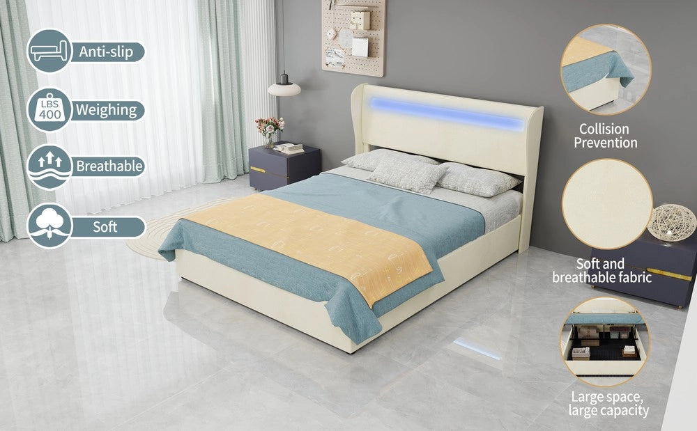 Letto Contenitore Imbottito con Testiera LED ¨C MINIMAL ¨C Velluto Beige 140x200