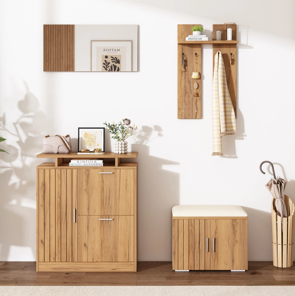 Set ingresso con panca, scarpiera e specchio effetto legno
