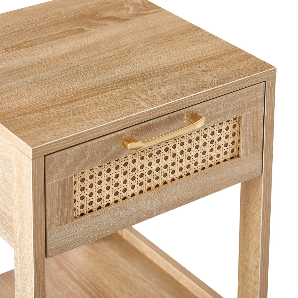 Comodino in MDF con 1 cassetto effetto rattan per camera da letto e soggiorno naturale 40 × 40 × 55 cm