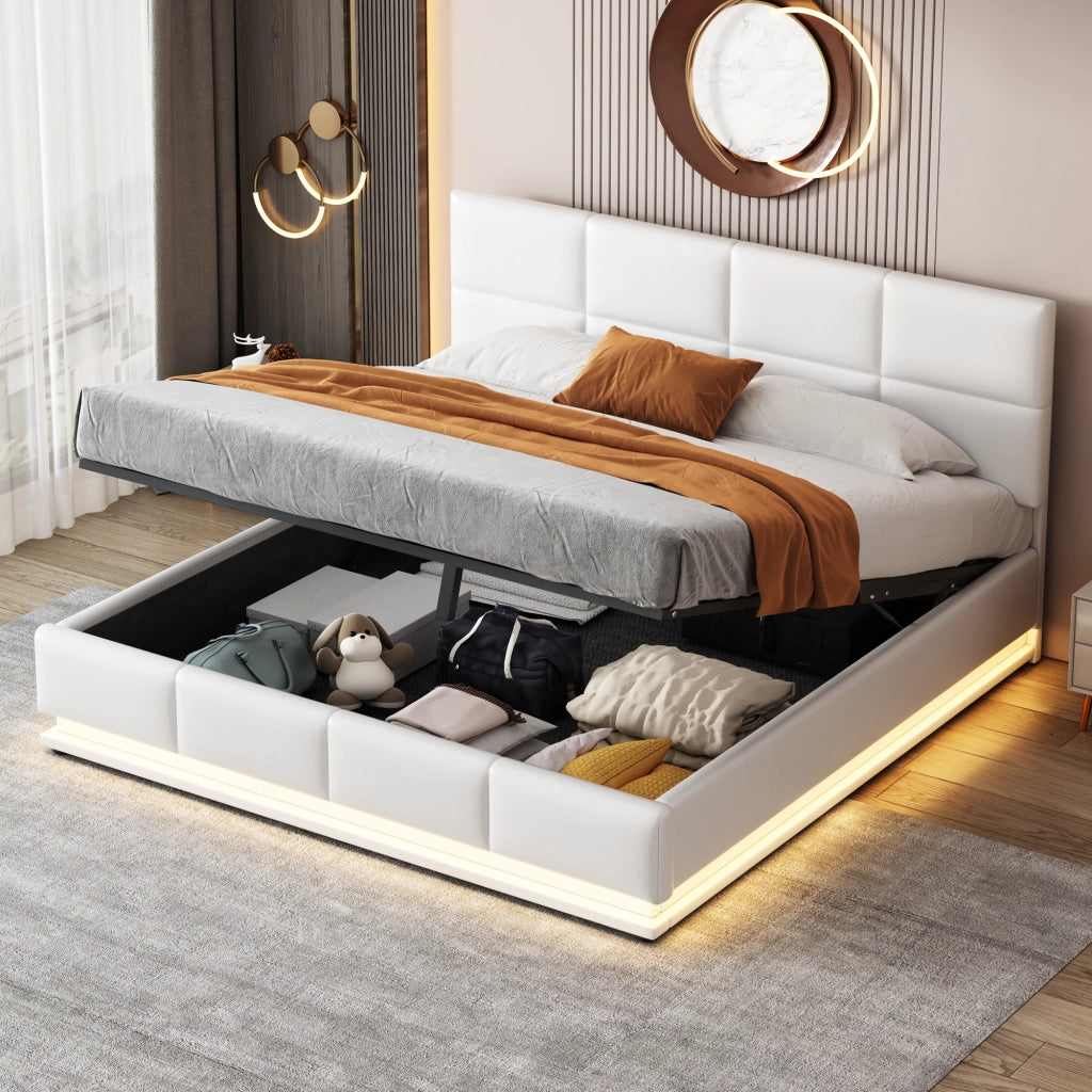 Letto contenitore matrimoniale 160 × 200 cm con LED et vano contenitore idraulico, senza materasso, in ecopelle, bianco