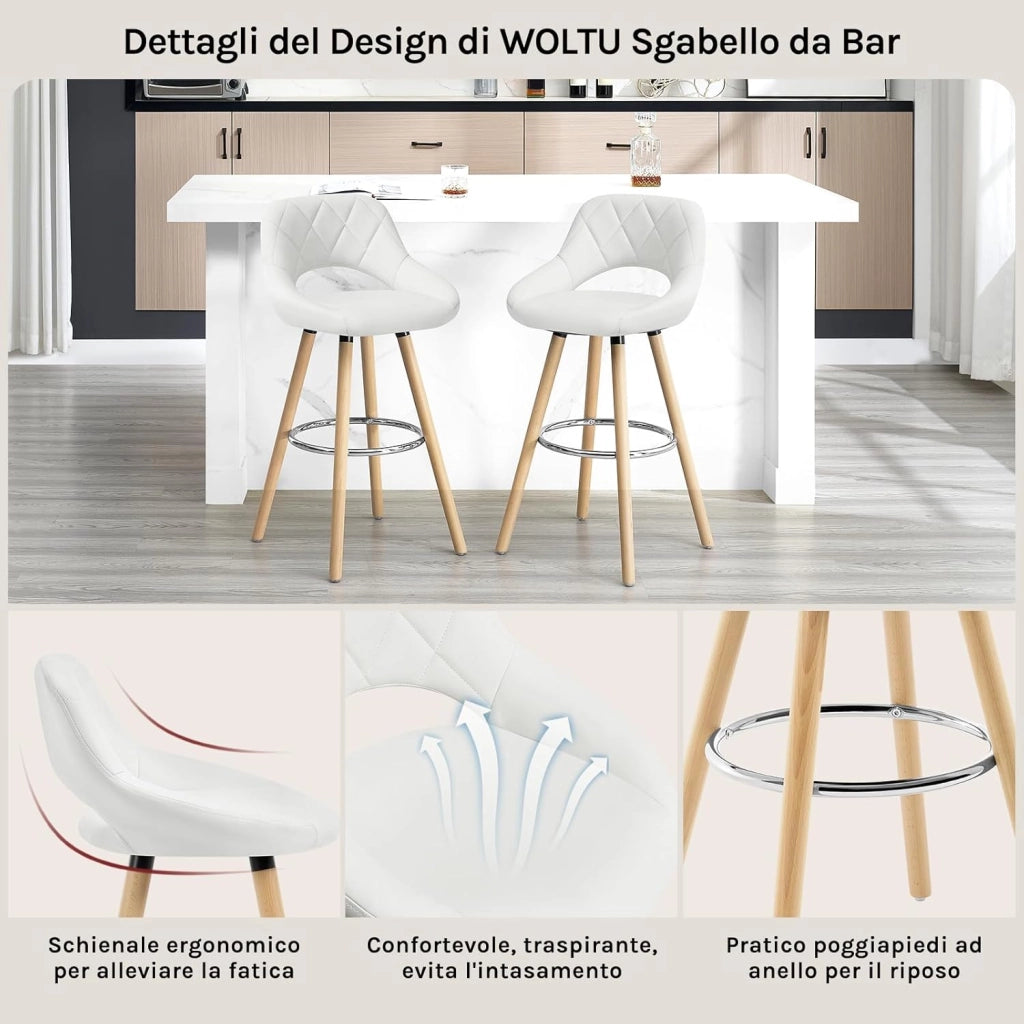 Sgabelli da Cucina Set di 2, Sgabello da Bar per Colazione, Sgabelli Alti con Poggiapiedi e Schienale, Sedile in Pelle Sintetica+Gambe in Legno, Bianco, BH111ws-2
