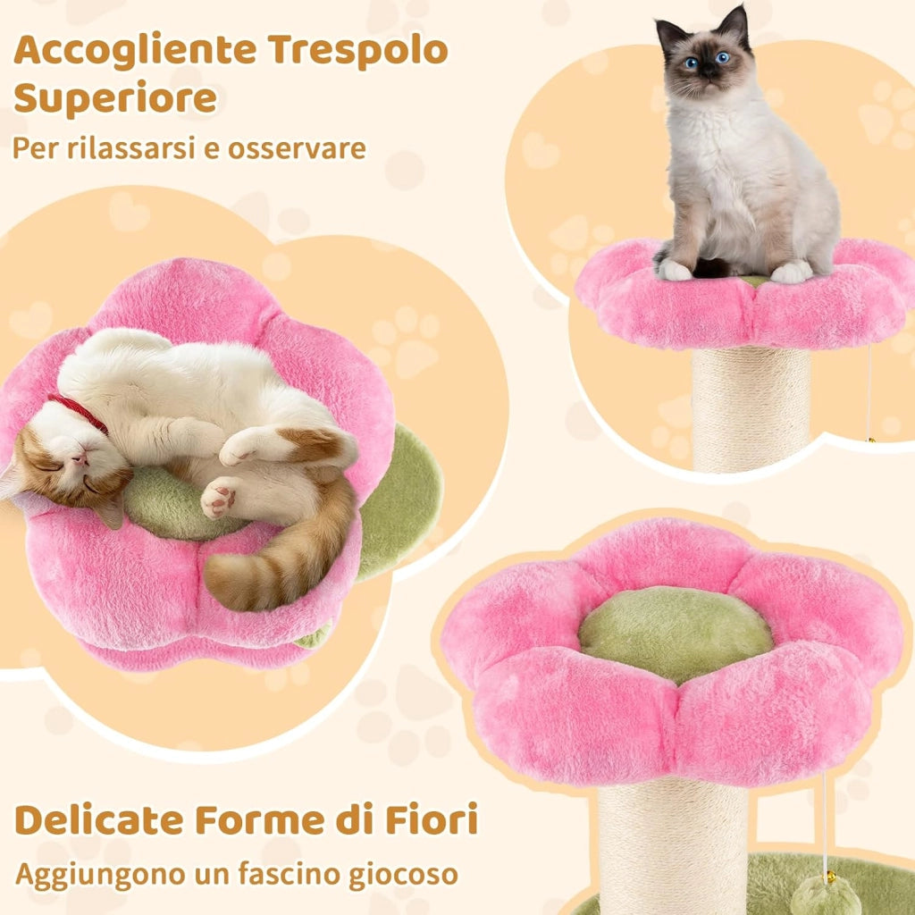 Albero per Gatti da Interno Alto 69 cm, Tiragraffi per Gatti a Forma di Fiore con Piedistallo Imbottito in Pile, Tiragraffi in Sisal e Pallina Appesa, Mobili per Gattini a Più Livelli (Rosa)