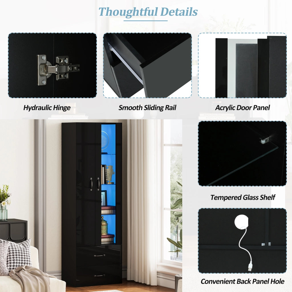 Vetrina con 2 ante; 2 cassetti e 6 ripiani con LED per soggiorno e studio; in truciolare nero; 60×35×182.5 cm