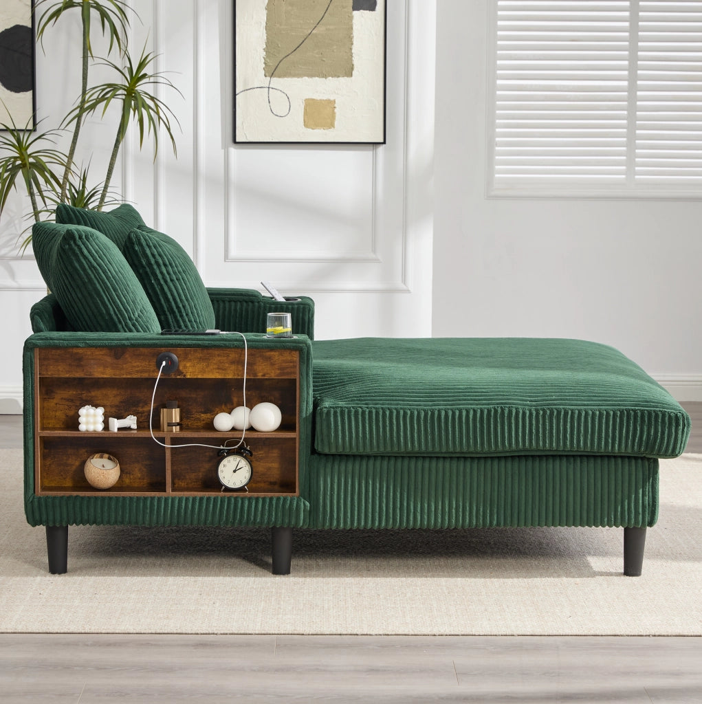 Chaiselongue in velluto a coste smeraldo con LED, portaoggetti e USB