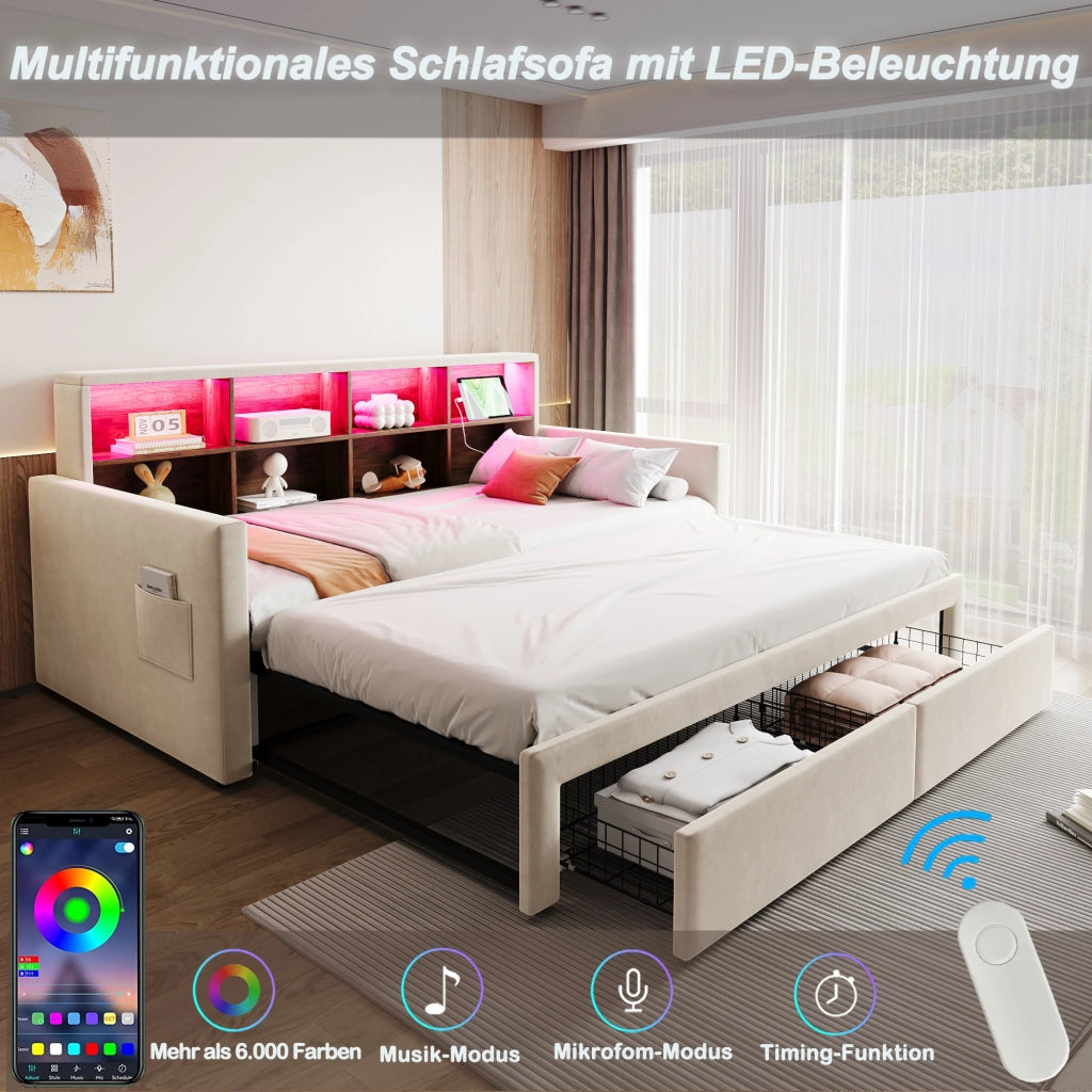 OKWISH Letto Divano, Letto Singolo con Estensione Estraibile, 2 Cassetti, LED, USB e Tipo C, 90 x 190 cm, senza Materasso