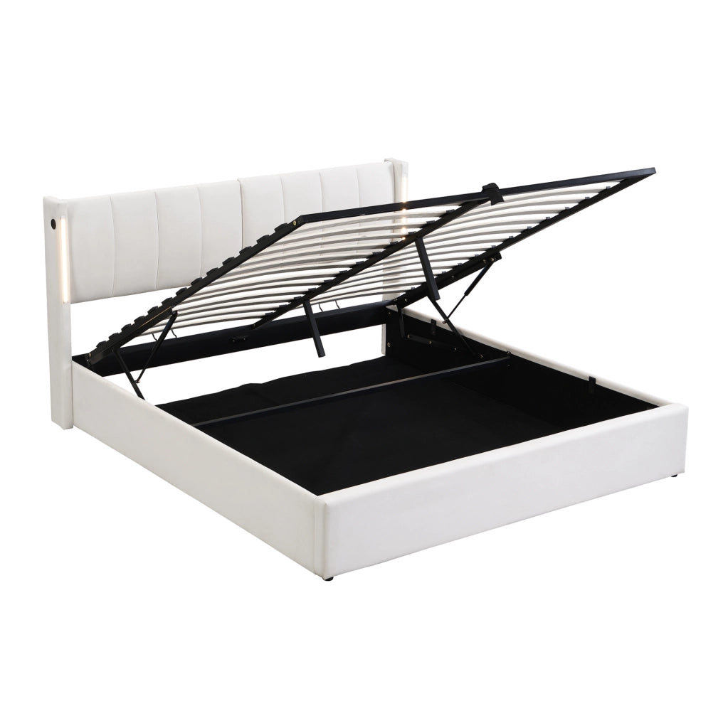 Letto imbottito 160x200 cm con LED; USB; testiera regolabile e contenitore; PU bianco