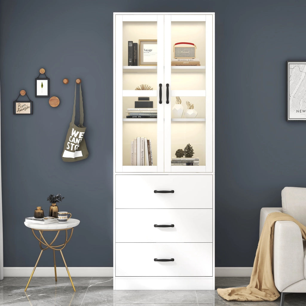 Vetrina con illuminazione LED e 3 cassetti in MDF bianco