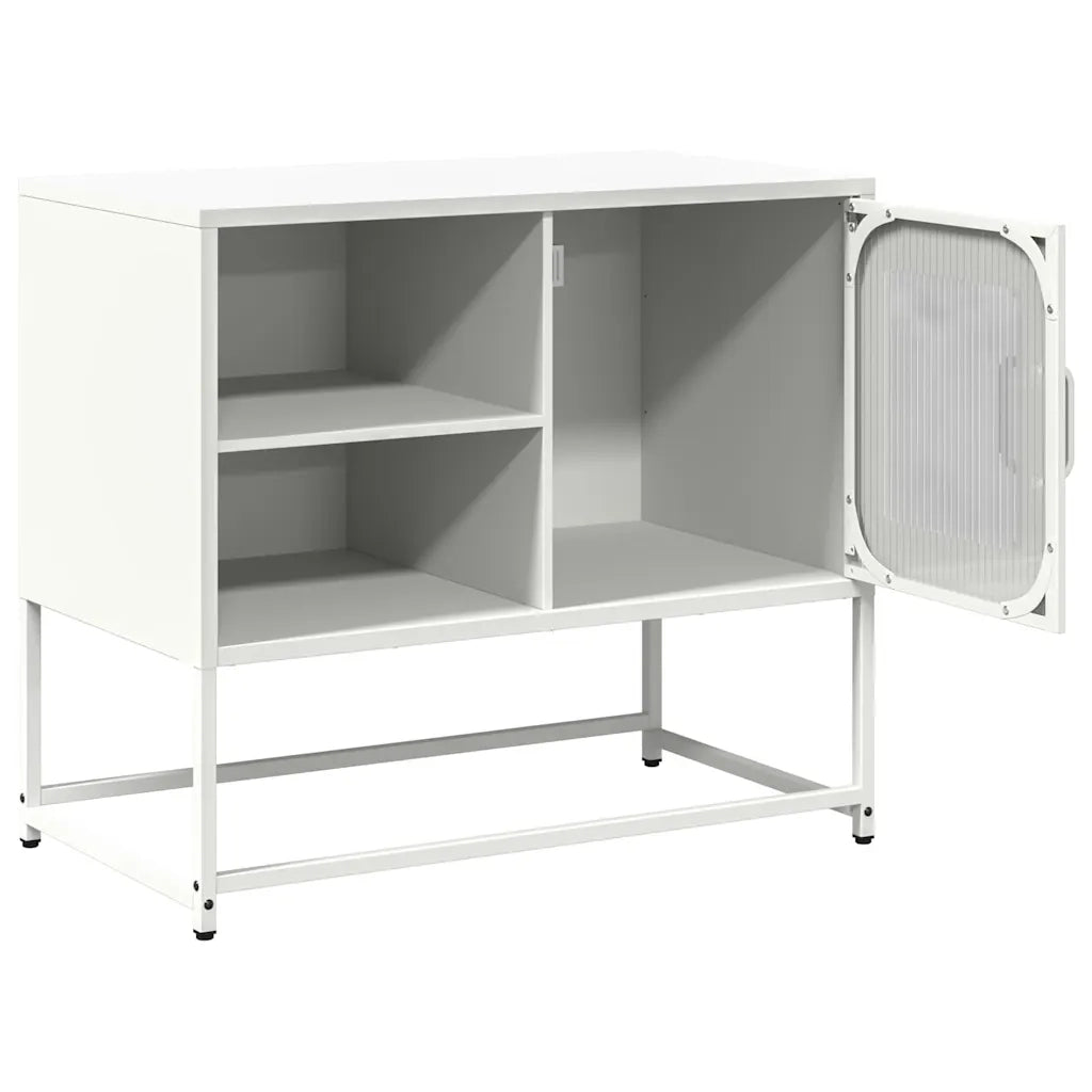 Mobile porta TV bianco con ampio spazio contenitivo e design industriale 68 x 39 x 60 cm realizzato in acciaio laminato a freddo bianco 02_0049879