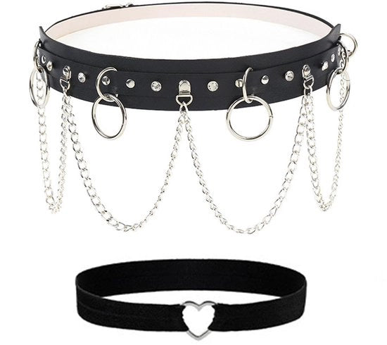 Girlanda Punk Personalizzabile - Cinturino Creativo - Nero Pelle Sintetica - Catena in Alluminio - Lunghezza 103 Cm