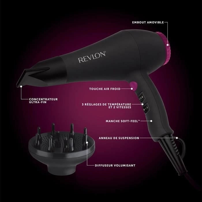 Asciugacapelli - REVLON - RVDR5251E - Perfect Heat - 2000 W - Motore AC - 2 velocità - Nero / Rosa