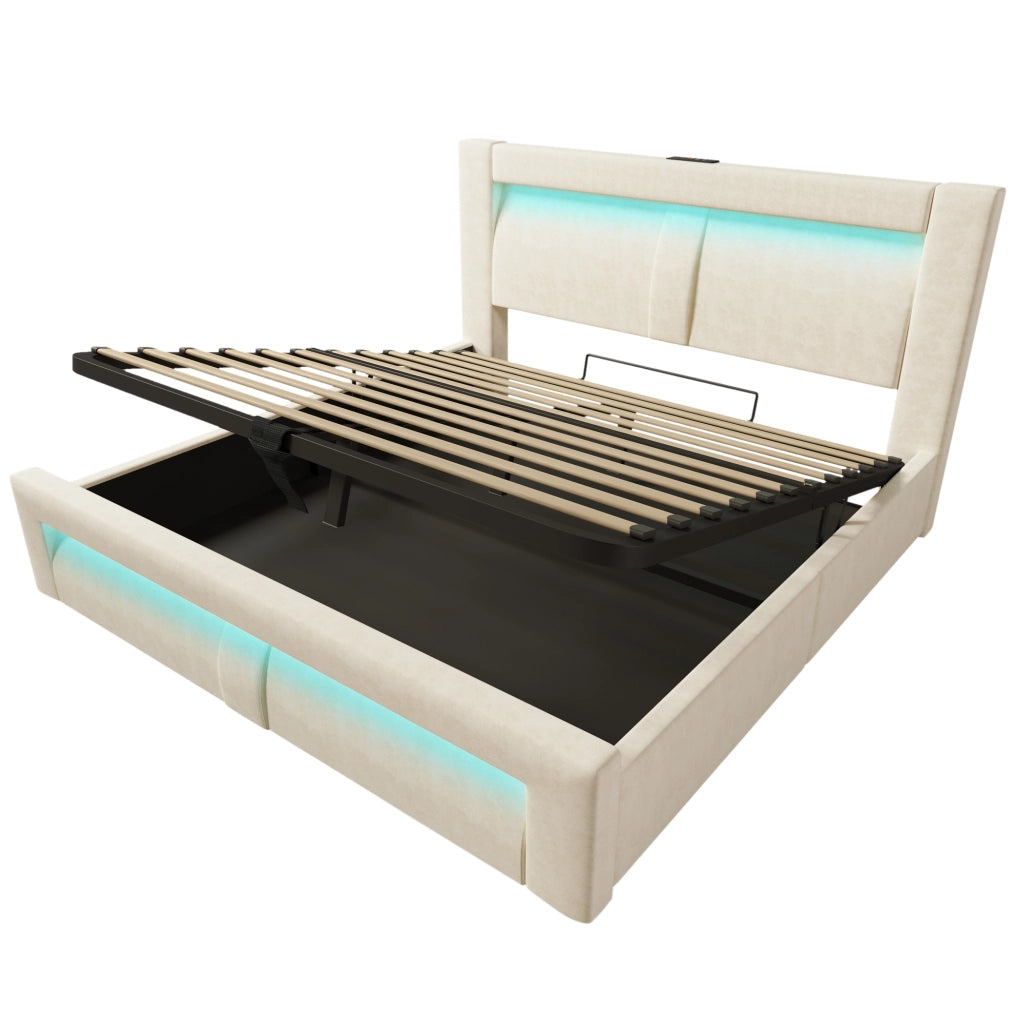 Letto matrimoniale 160x200 cm con contenitore; LED integrati; porte USB e Type-C; velluto beige
