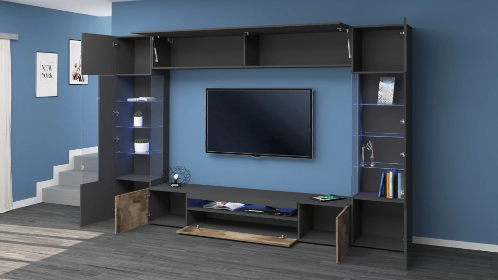 Parete attrezzata TV moderna antracite legno 2 vetrine pensile Sultan AP