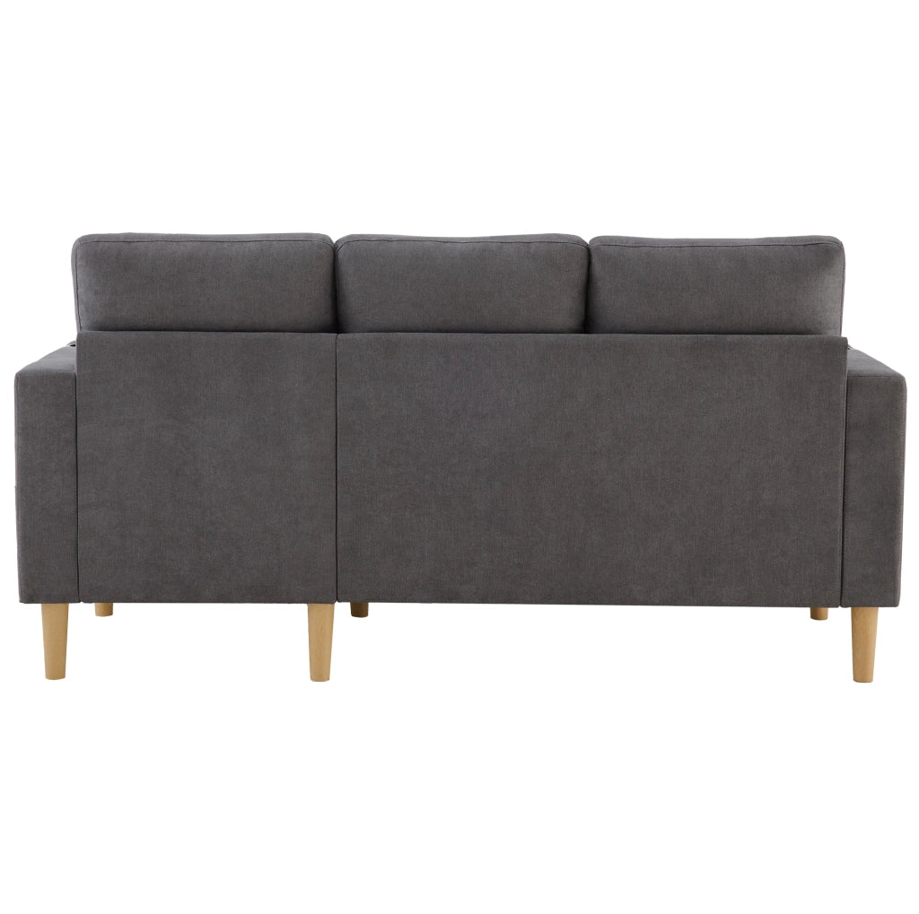 Divano angolare con chaise longue reversibile; contenitore; porta bicchieri e 2 cuscini; 175 cm; grigio scuro