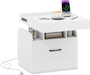 Comodino con Stazione di Ricarica, Comodino Moderno con 2 Cassetti Portaoggetti e 3 Scomparti Aperti, Piccolo Tavolino da Salotto, Camera da Letto e Dormitorio, Nero/Bianco (Bianco)