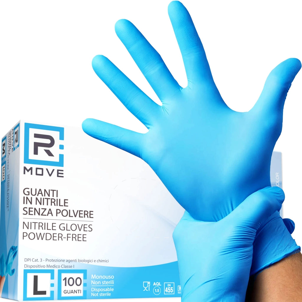 100 guanti in Nitrile Blu L senza polvere, senza lattice, ipoallergenici, guanti monouso per Estetisti, Tatuatori, Ambiti Medici, guanti per alimenti (L, Blu)