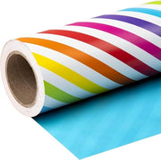 Papier da Avvolgere Mini Roll Reversibile - 43,2cm x 10m - Disegno Striscia Arcobaleno e Blu Solido per Festa di Compleanno e Matrimonio.
