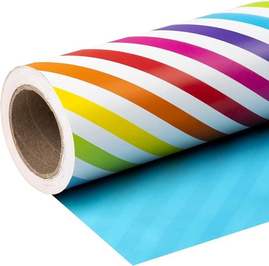 Papier da Avvolgere Mini Roll Reversibile - 43,2cm x 10m - Disegno Striscia Arcobaleno e Blu Solido per Festa di Compleanno e Matrimonio.