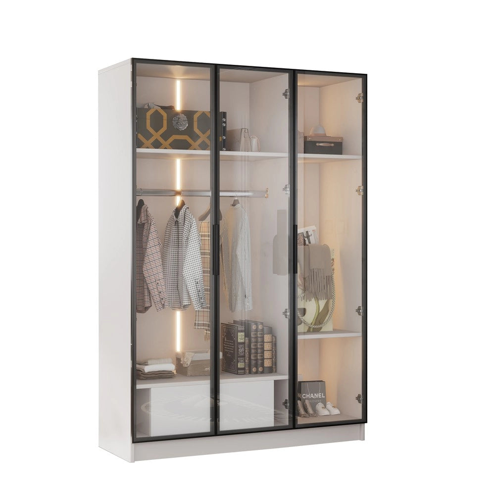 Armadio con Ante in Vetro Scorrevoli e Cassetto con LED ¨C MINIMAL ¨C Bianco, 110x50x160