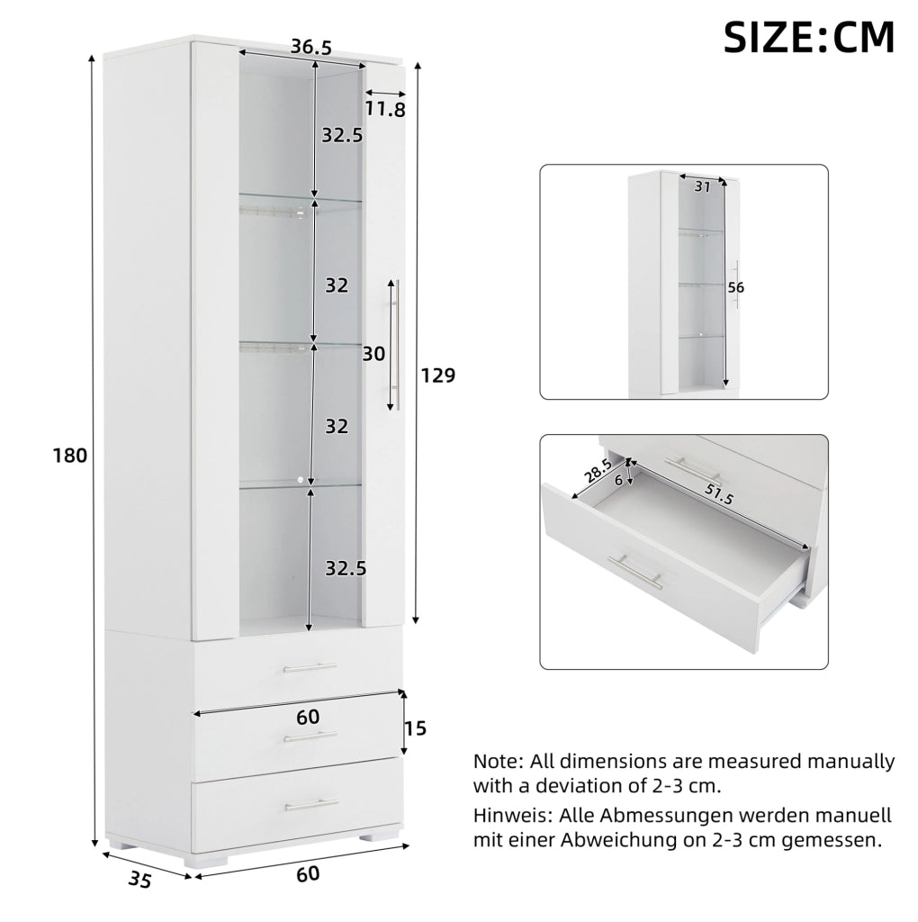 Vetrina 60x35x180 cm in MDF bianco lucido con LED e 3 cassetti