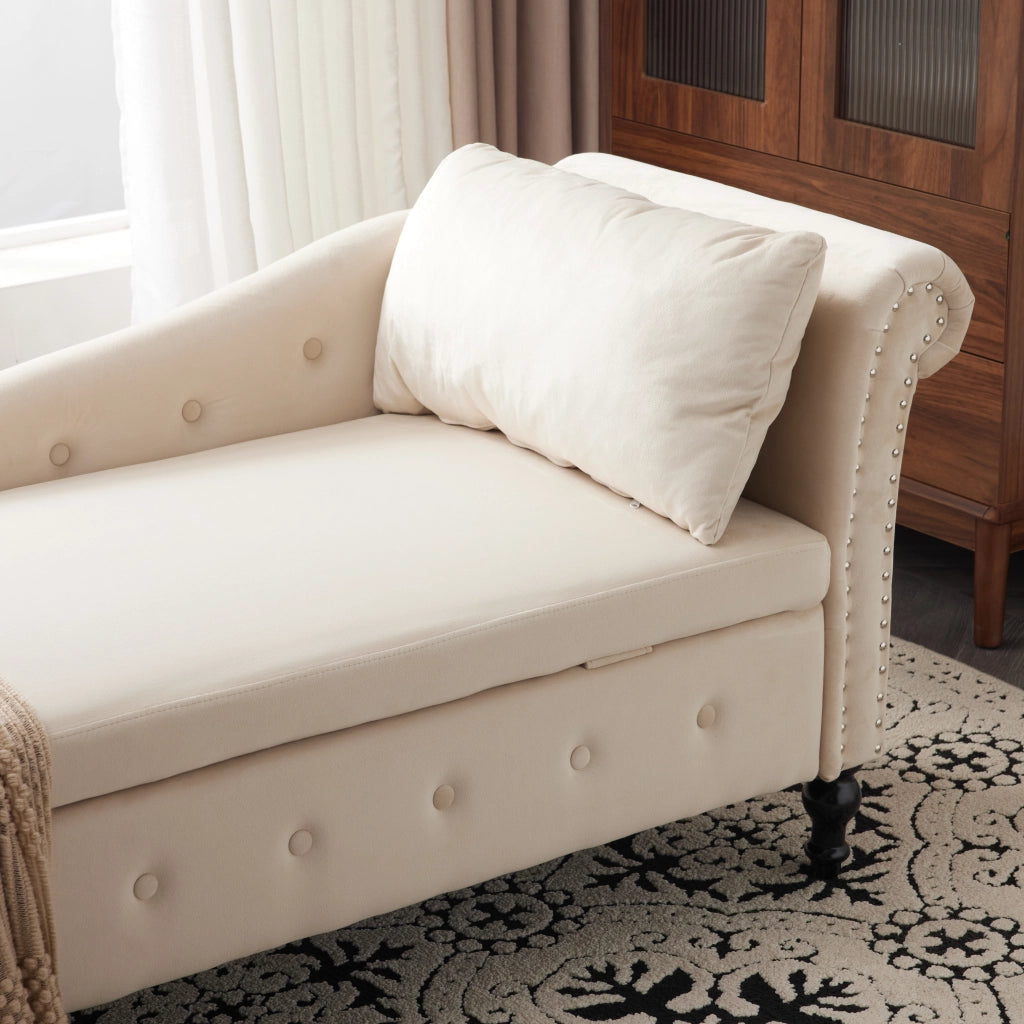 Chaise longue con contenitore in velluto con cuscino e bracciolo destro beige per salotto interno 144 × 62 × 69 cm