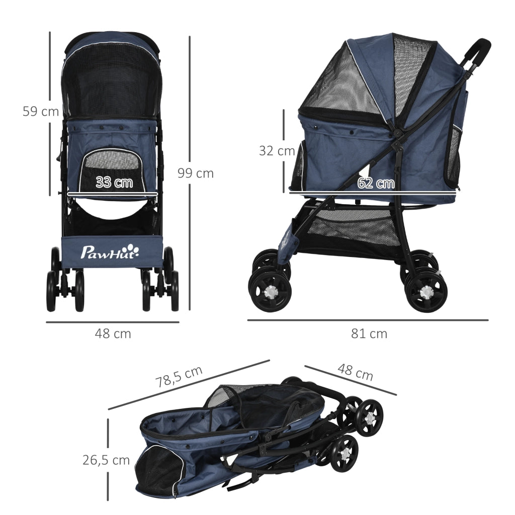 Carrello pieghevole per cani di grandi dimensioni con 2 guinzagli di sicurezza ruote frenate in poliestere blu