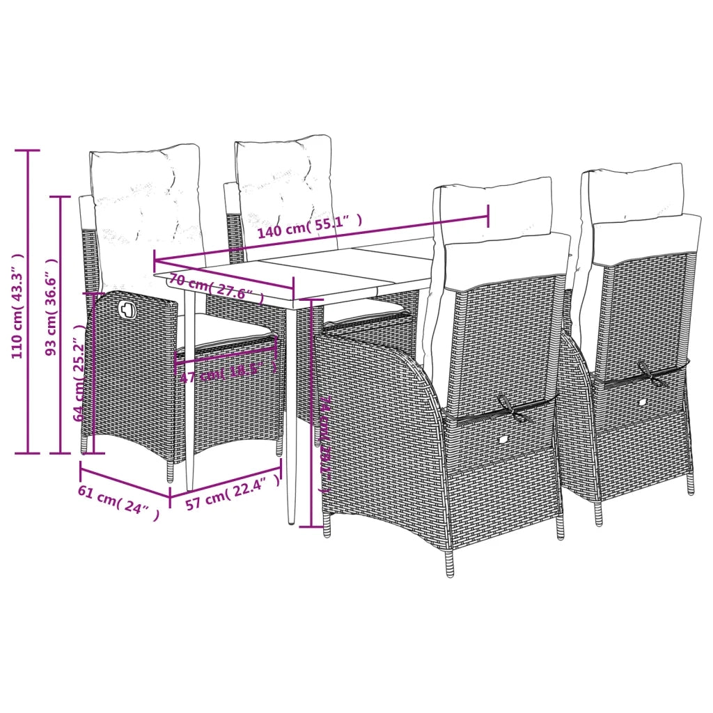 Set da Pranzo da Giardino 5 pz Nero con Cuscini in Polyrattan