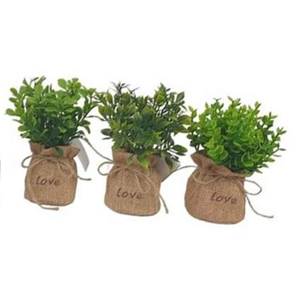 Trade Shop - Set 12pz Pianta Artificiale Con Vaso Sacco In Juta Decoro Scritta "love" ø6,5x16cm 231032 -