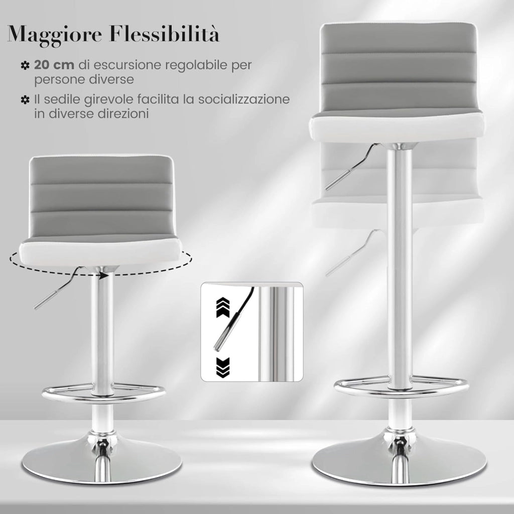 Set 2 Sgabelli da Bar in Finta PU, Sedie Girevoli e Regolabili con Schienali, Poggiapiedi e Base in Metallo, Sgabelli da Cucina per Isola, Bar e Ristorante, Grigio e Bianco