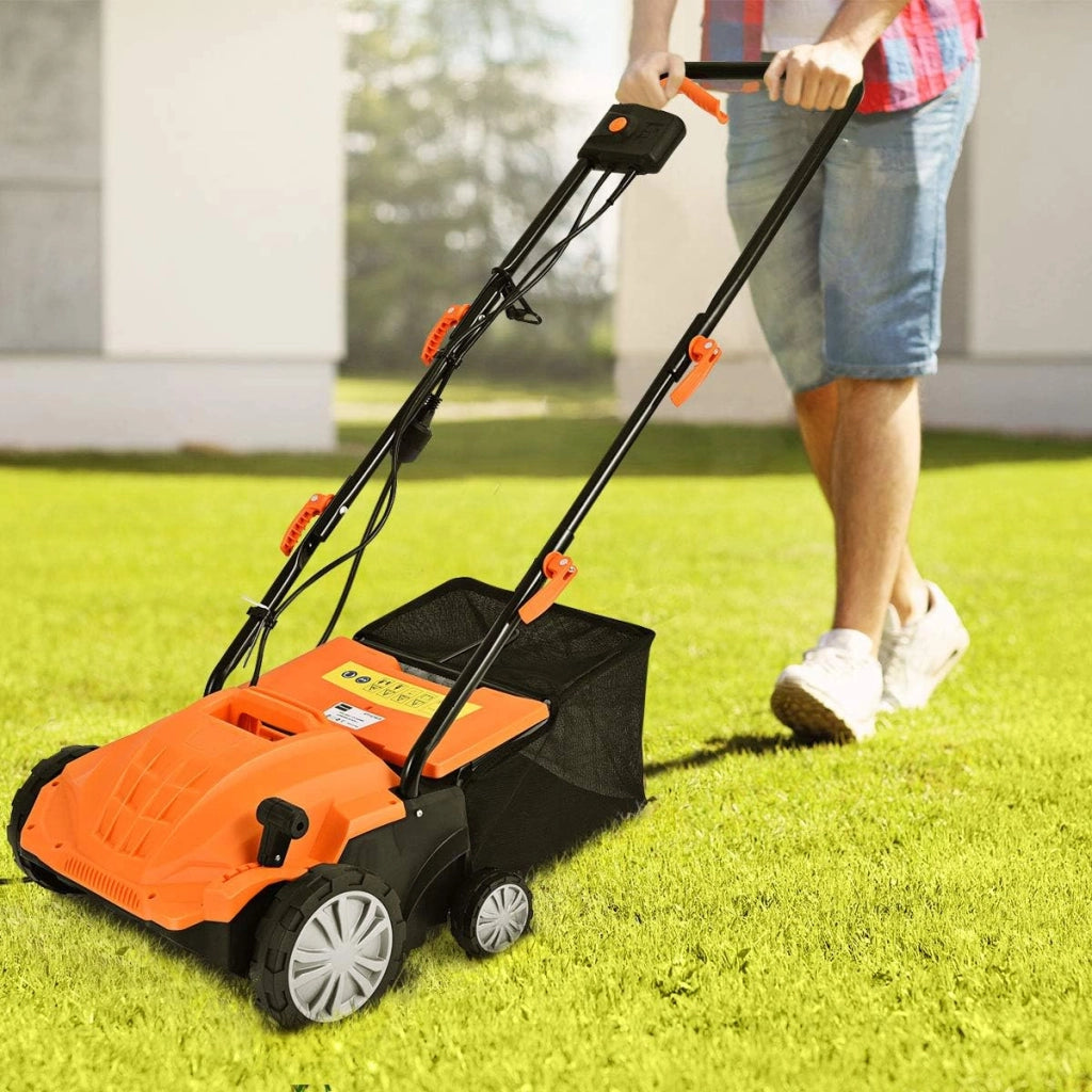 Scarificatore 2 In-1 per Prato, Arieggiatore Elettrico con Sacco Raccoglitore da 30L, Larghezza 32cm, con 3 Posizioni Regolabili, Scarificatore 1500W per Giardino Cortile (32 cm, Arancione)