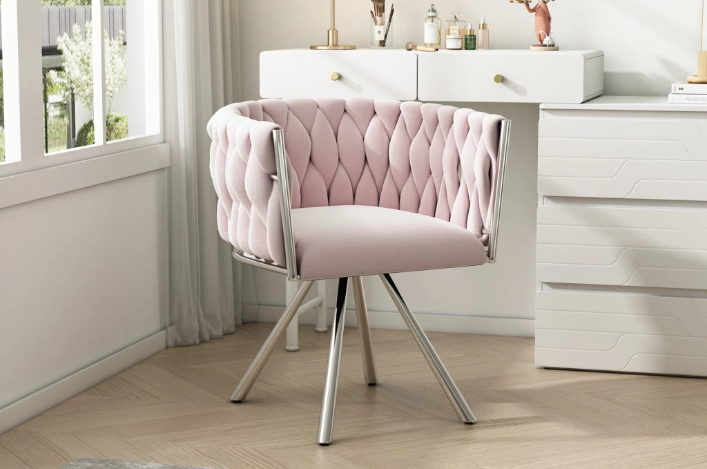 Sedia girevole in velluto rosa con schienale curvo