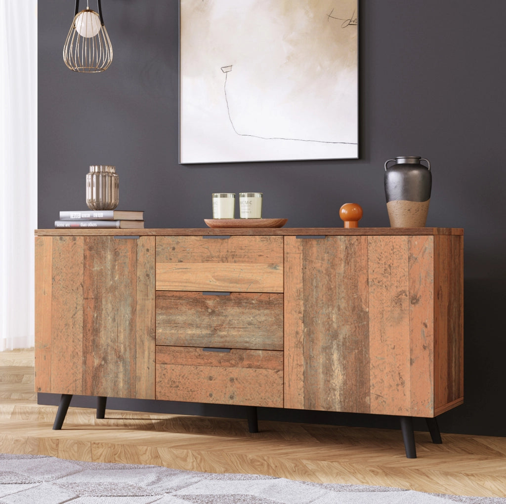 Credenza 140x35x70 cm con ripiani regolabili e 3 cassetti in truciolato marrone anticato