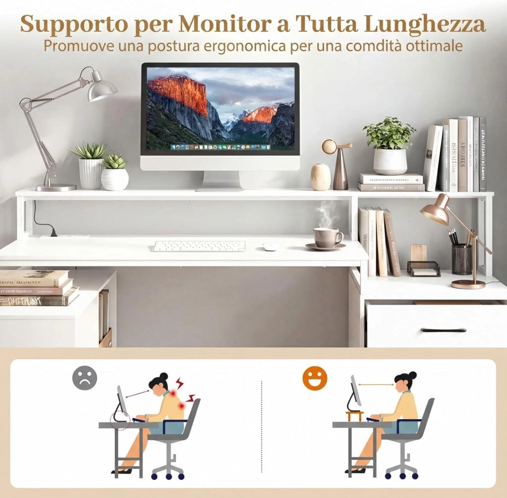 Scrivania Angolare con Prese di Alimentazione, Scrivania ad Angolo Salvasapazio con Cassetto, Supporti per Stampante e Monitor e Cubi, Scrittoio per Studio, Lavoro e Gaming