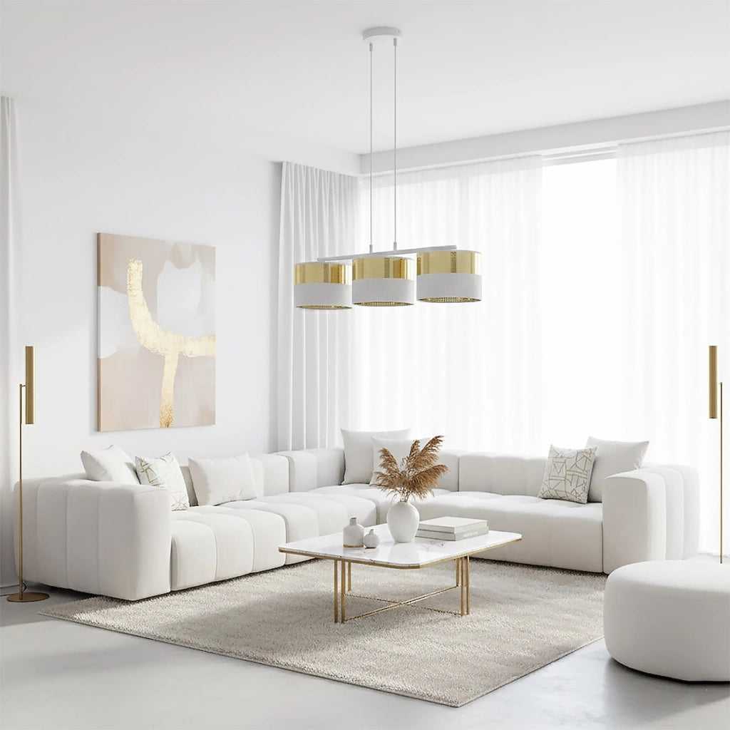 Lampada a sospensione Lux in acciaio bianco e oro