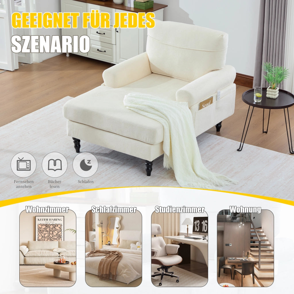 Poltrona Relax Con Tasche Laterali Seduta Extra Larga Schienale Avvolgente Piedi In Legno Massello in Ciniglia Beige
