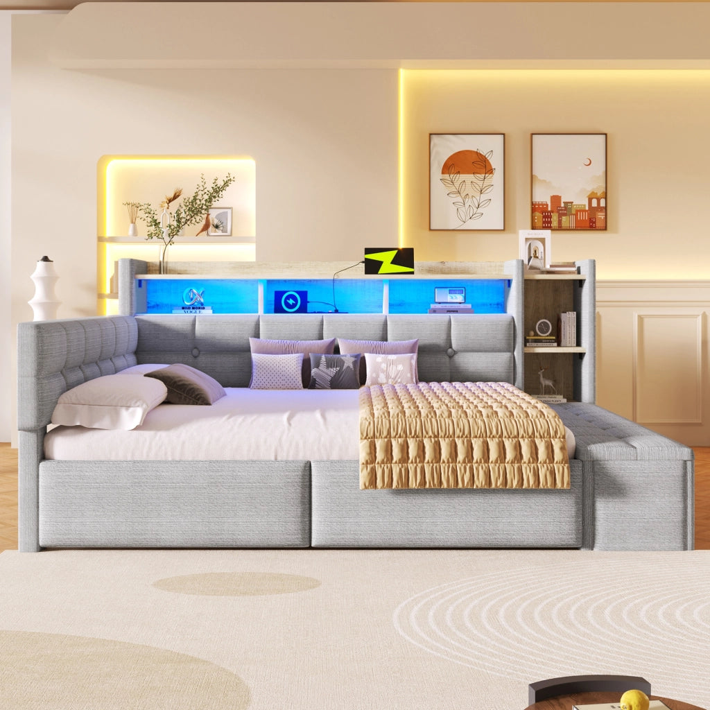 Divano letto 140 x 190 cm con contenitori e cassetti letto matrimoniale per camera in MDF e velluto grigio