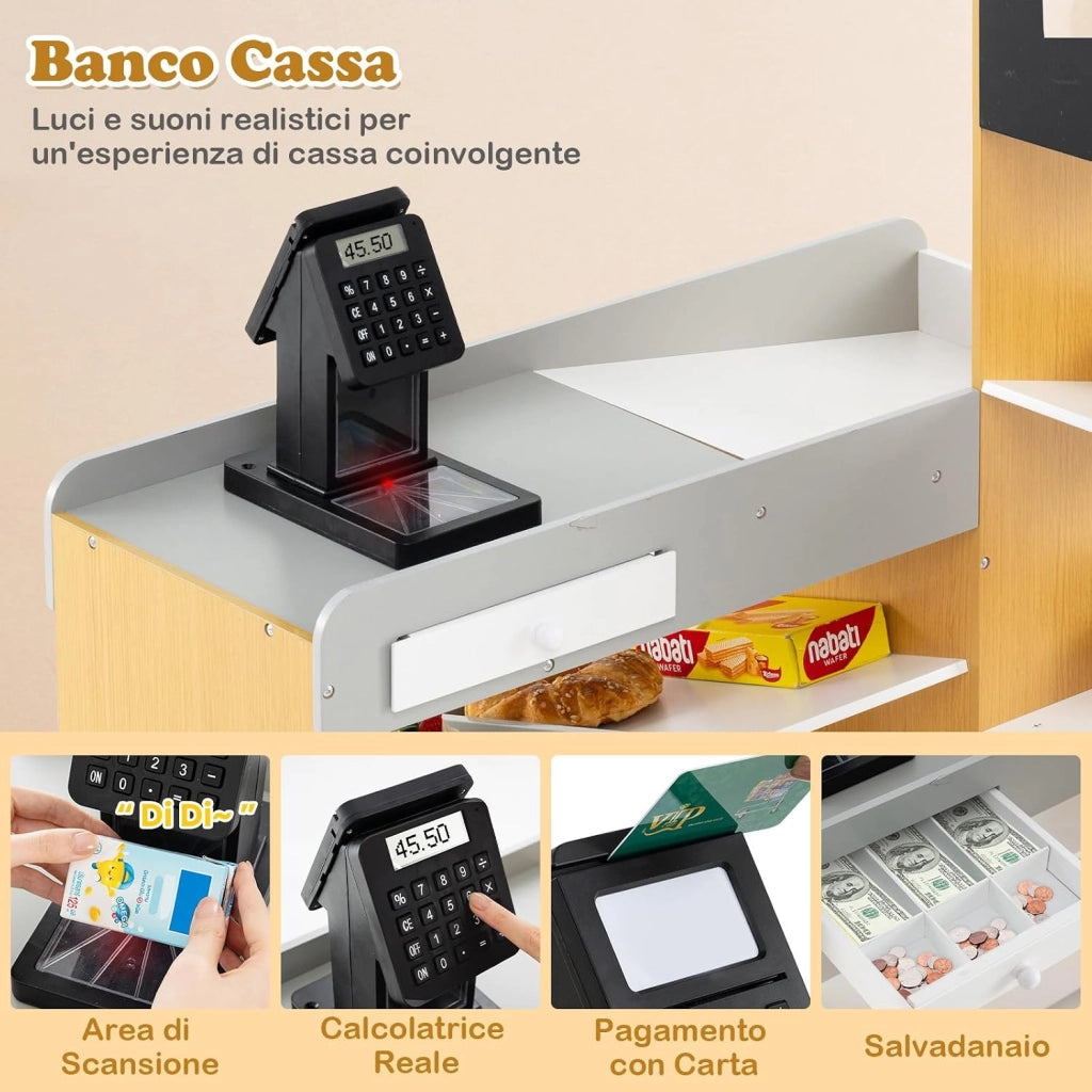 Set da Gioco da Supermercato, Banco di Mercato per Bambini in Legno con Carrello della Spesa, 2 Lavagne e Registratore di Cassa, Scaffali Espositivi, per Bambini 3+ Anni