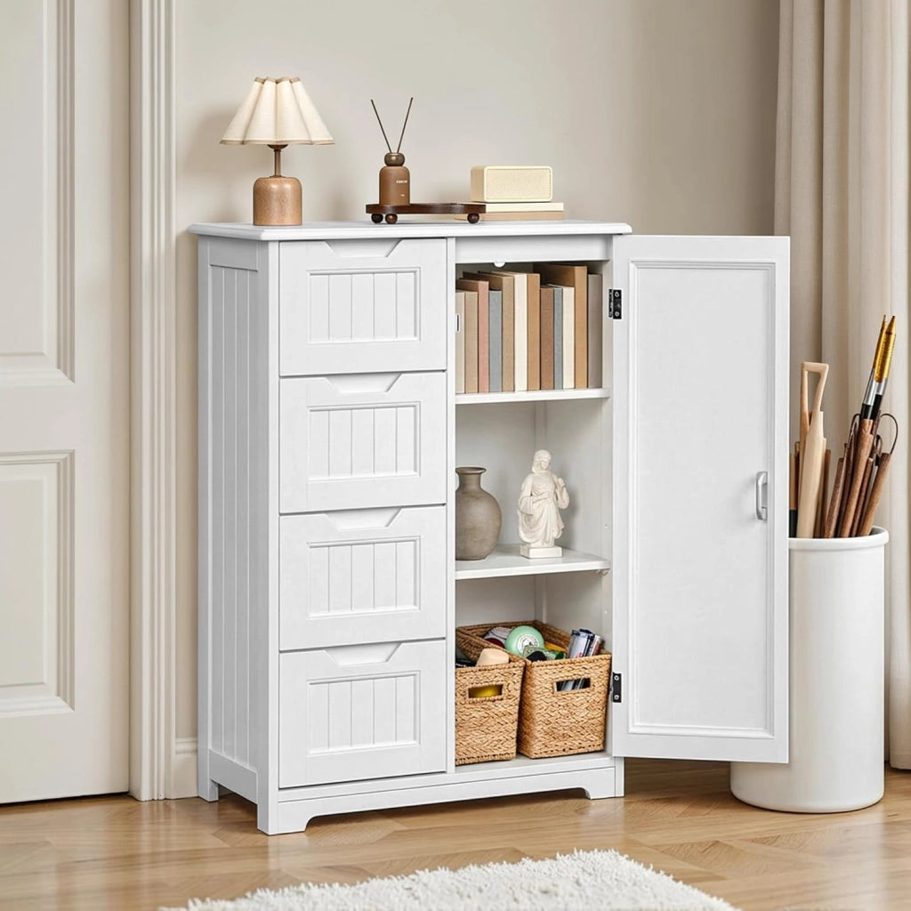 Armadietto per bagno con 4 cassetti, Armadietto autonomo, Armadietto laterale con anta e divisore regolabile, per bagno, ingresso, 30x60x85CM,Bianco
