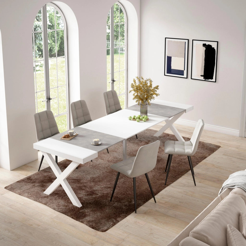 Consolle allungabile, 58 fino 302x90x73cm, Per 14 persone, Gambe in legno, Bianco e grigio cemento RF2825