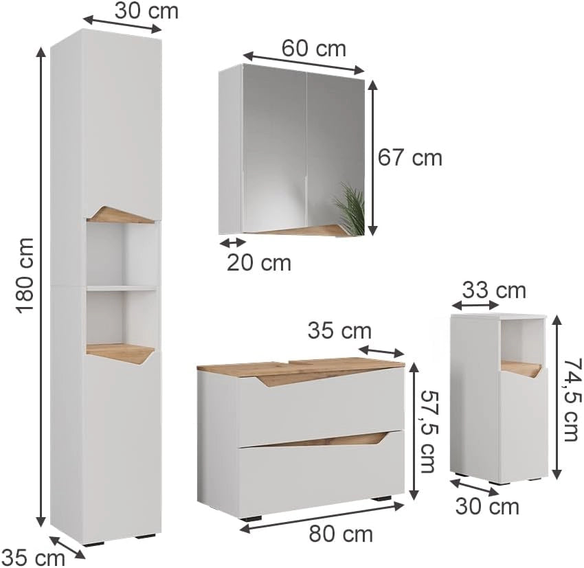 Set di mobili da bagno Marelle, Bianco, 80 cm, composto da mobile lavabo, pensile a specchio, colonna e base media