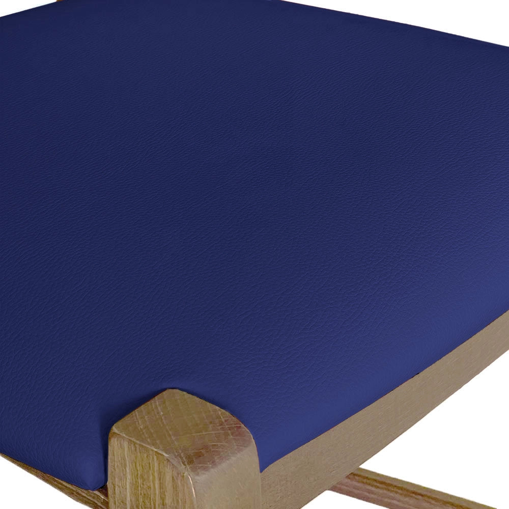 Sgabello h 80 in legno noce chiaro con manico e seduta imbottita similpelle blu