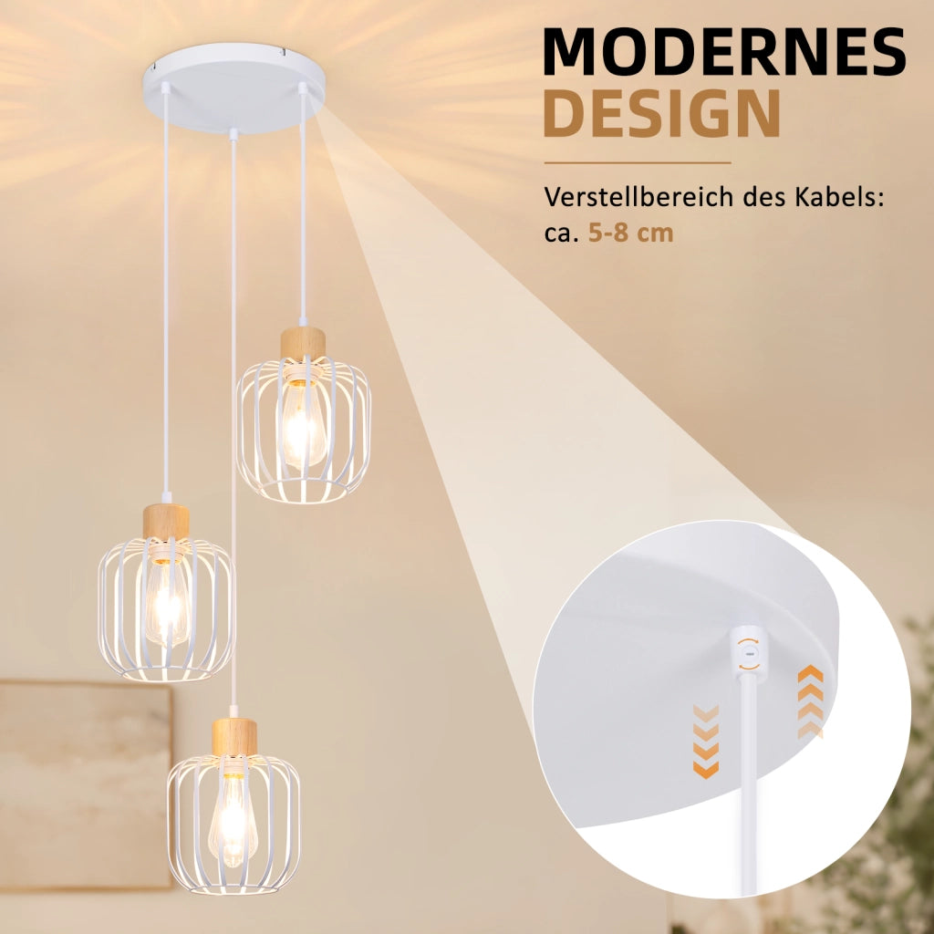ZMH Lampada a Sospensione 3 Luci Bianco Legno Rotonda E27 Moderna per Soggiorno Cucina Camera Corridoio Senza Lampadina