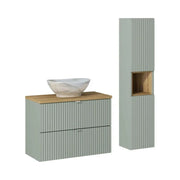 Insieme ELVINA 110cm : mobile sottolavabo con cassetti verde + piano per lavabo + lavabo da appoggio marmoreo + colonna