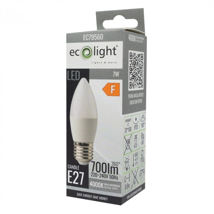 Lampadina LED candela E27 7W 4000K 630lm Ecolight